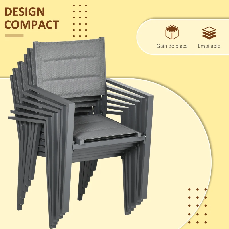 Outsunny Salon de jardin en aluminium et textilène table extensible 90 à 180 cm 6 chaises empilables 4/6 personnes gris