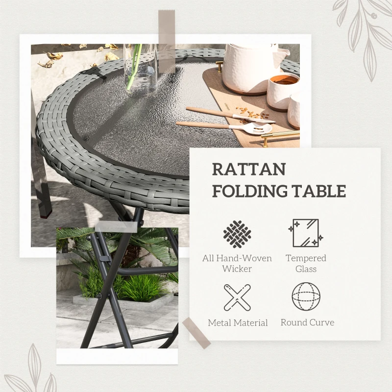 Outsunny Folding Rattan Garden Dining Table, 68 cm Round Rattan Garden Table with Water Ripple Tempered Glass Top, Wicker Edging  and Steel Frame for Outdoor, Patio, Grey