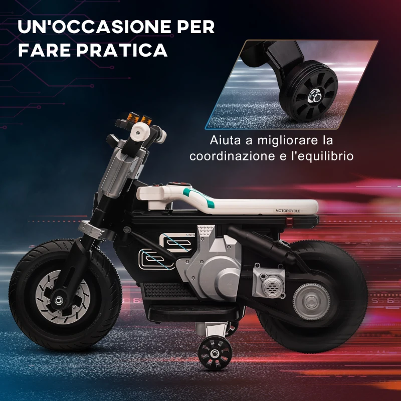 HOMCOM Moto Elettrica per Bambini 3-5 Anni in PP e Metallo con Rotelle, Clacson e Musica, 86x44x58 cm, Bianca e Nera