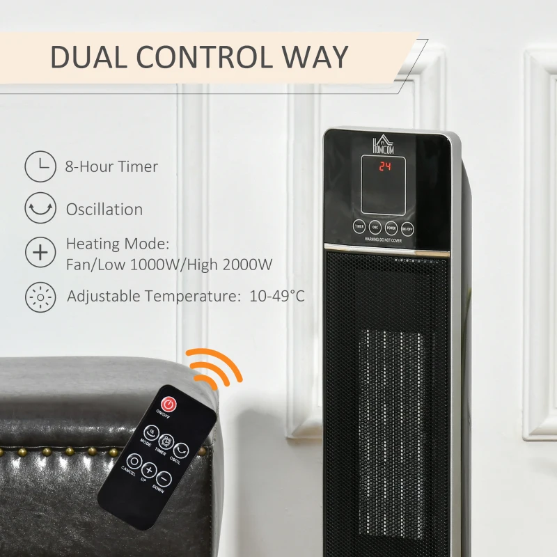 HOMCOM 31 Inch Space Heater, 1000W/2000W Ceramic Electric Heater and Fan, Overheating & Tip-Over Protection, 8H Timer, 60° Oscillation, Portable Heater for Home