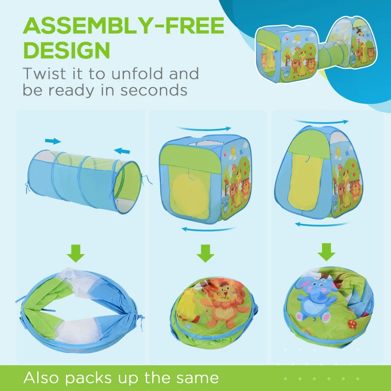 HOMCOM 3 in 1 Pop Up Tent Kids Playhouse Toddlers Crawl Tunnel Cute Drawing On Surfuce Indoor Outdoor Garden Use 230 x 74 x 93 cm