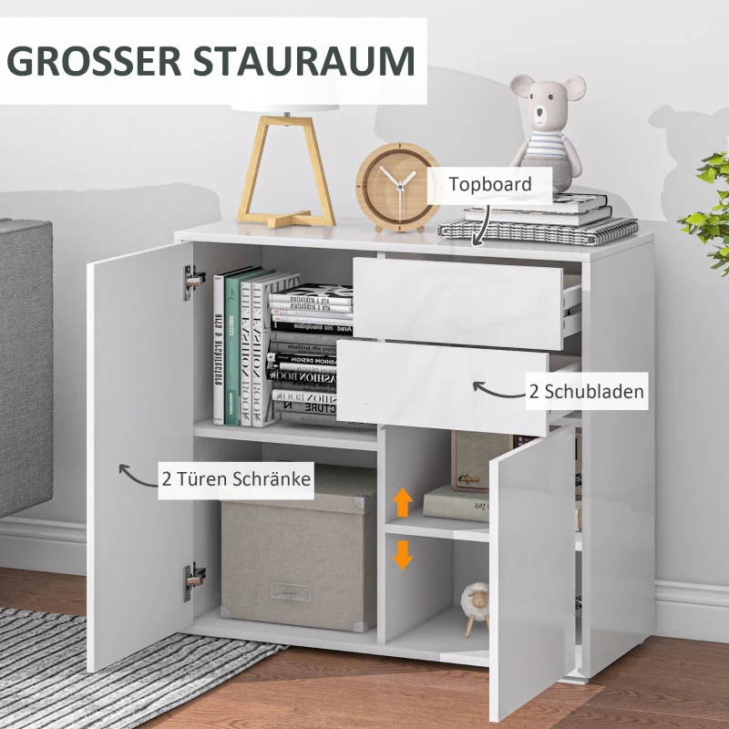 HOMCOM Aufbewahrungsschrank mit 2 Schubladen, 2 Türen, mit Kippschutz, für Wohnzimmer, Schlafzimmer, 79 x 36 x 74 cm, Weiß