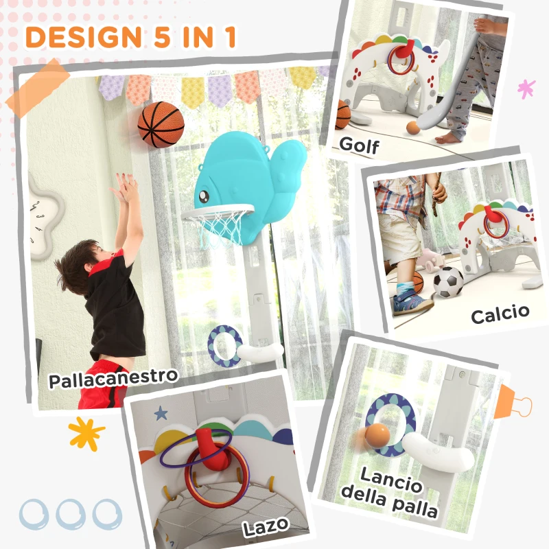 AIYAPLAY Canestro Basket per Bambini 5 in 1 con Altezza Regolabile, Porta da Calcio e Golf, Età 3-6 Anni