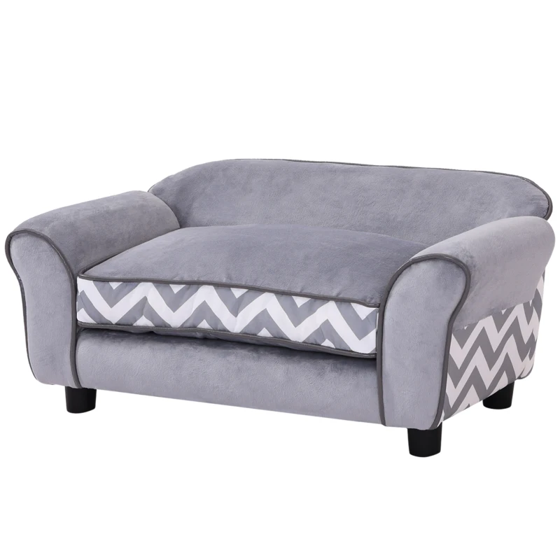 PawHut Hundesofa, Haustiersofa mit erhöhten Füßen, Hundecouch, Hundeliege mit Kissen, Hundebett, Katzensofa, Waschbar, Samt, Grau, 73,5 x 41 x 33 cm