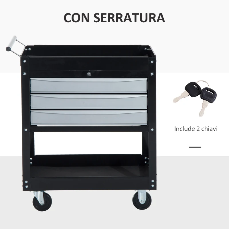 HOMCOM Carrello da Officina Professionale Cassettiera Portautensili in Lamiera, Nero, 68 x 46 x 88cm