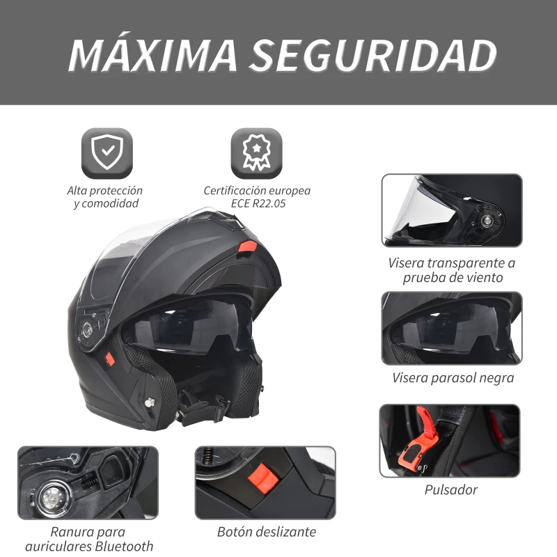HOMCOM Casco de Moto Integral Talla L-59-60 cm Casco de Motocicleta con Doble Visera Cabezal Anticolisión y Ventilaciones con Certificación Europea Unisex Color Negro
