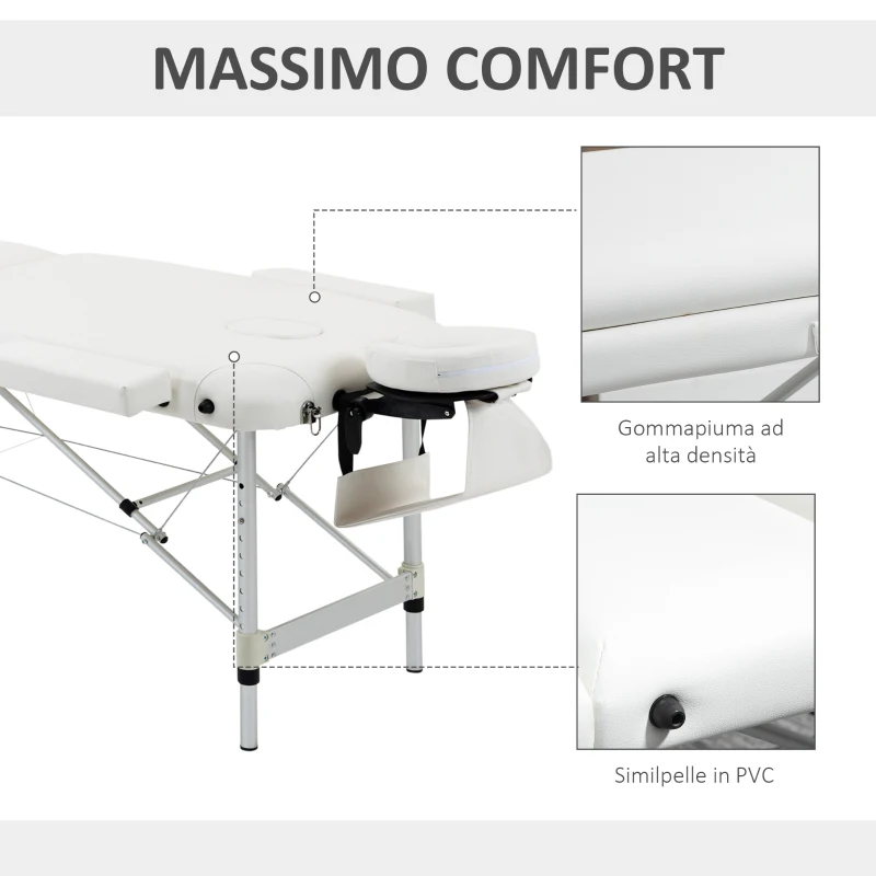 HOMCOM Lettino Massaggi Portatile Pieghevole e Professionale in Alluminio bianco 215x81x61-84cm