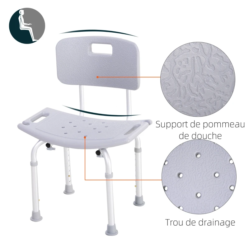 HOMCOM Chaise de Douche siège de Douche Ergonomique Hauteur réglable Pieds antidérapants Charge Max. 136 Kg alu HDPE Gris