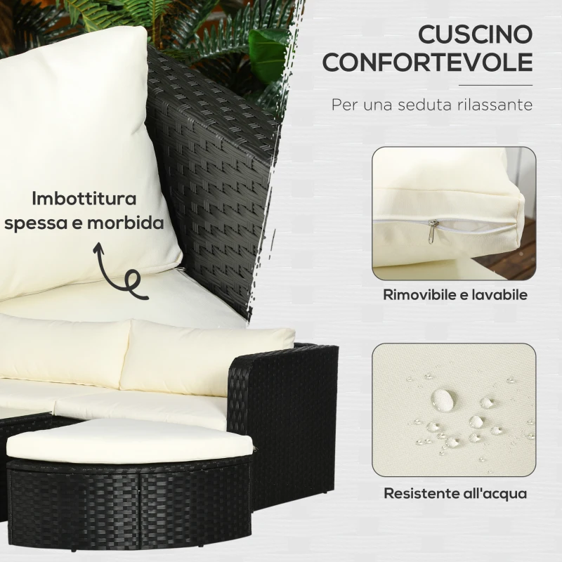 Outsunny Salotto da Giardino con 2 Poltrone e 2 Poggiapiedi in Rattan PE, Tavolino in Vetro, Nero