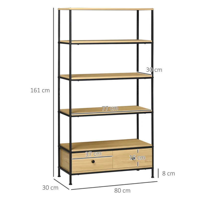 HOMCOM Bibliothèque étagère à 5 niveaux 2 tiroirs style industriel aspect bois et acier 80 x 30 x 161 cm naturel noir