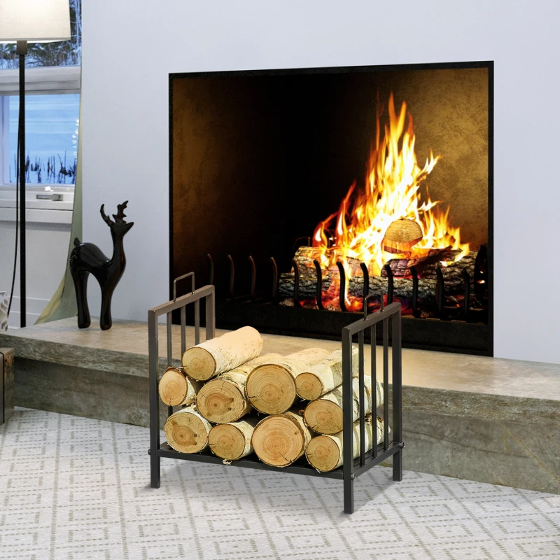 Outsunny Estante de Leña para Chimenea 44,5x33x46,5 cm Tradicional Leñero Interior y Exterior Almacenaje para Madera Soporte para Leña con Asas Diseño Elevado Negro