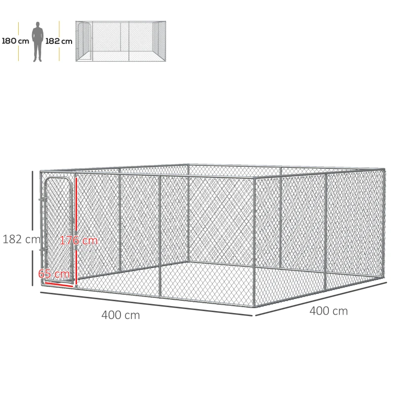 PawHut Kennel per Cani da Esterno a Maglie con Porta con Blocco in Acciaio, 400x400x182cm, Argento