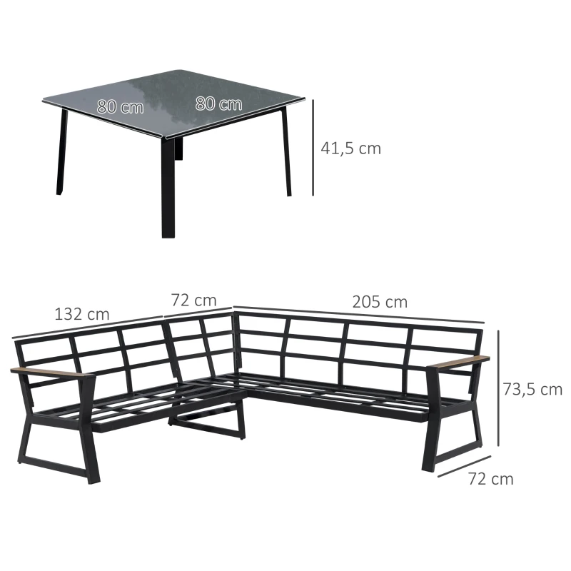 Outsunny Gartenmöbel-Set für 4 Personen, Gartenmöbel, 1 Ecksofa und 1 Couchtisch, Aluminium Schwarz + Grau