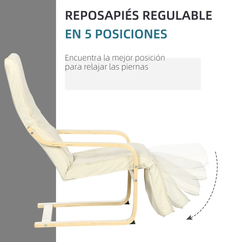 HOMCOM Sillón de Salón con Reposapiés Ajustable Silla Relax Butaca Tapizado en Tela para Oficina Dormitorio 66,5x94x100cm Crema