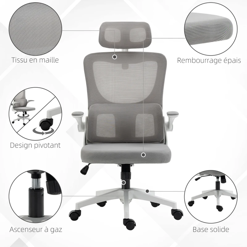 Vinsetto Fauteuil de bureau pivotant 360° avec appui-tête réglable et support lombaire - hauteur d'assise réglable gris