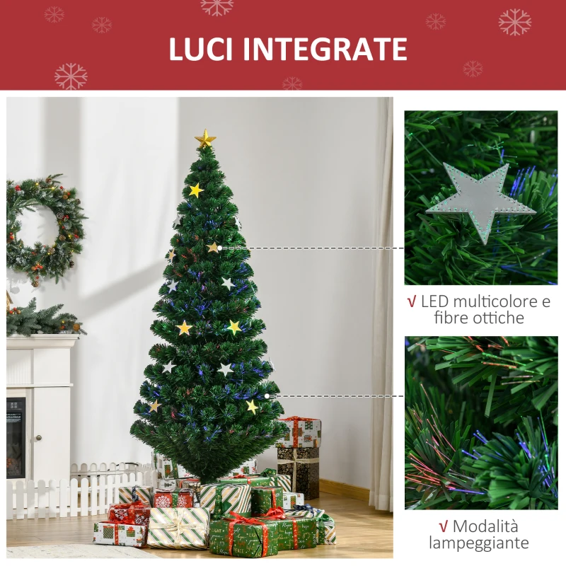 HOMCOM Albero di Natale 180cm con 27 Luci LED, Fibre Ottiche e 230 Rami, Albero di Natale Artificiale
