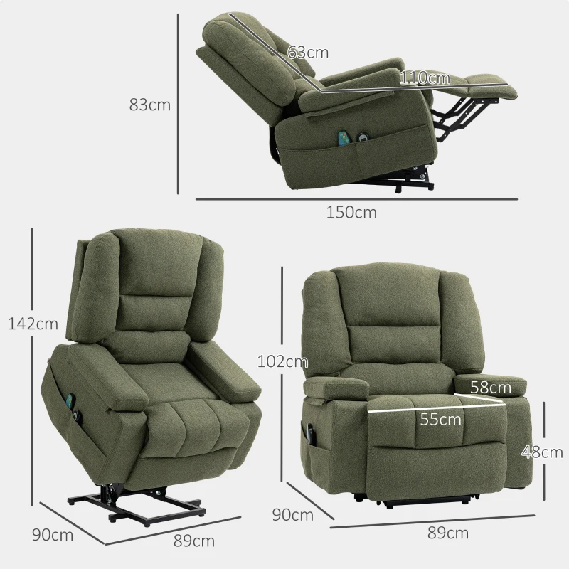 HOMCOM Fauteuil releveur relax électrique, fonction massage et chaleur, inclinaison réglable, repose-pied, télécommandes, vert(m-3)