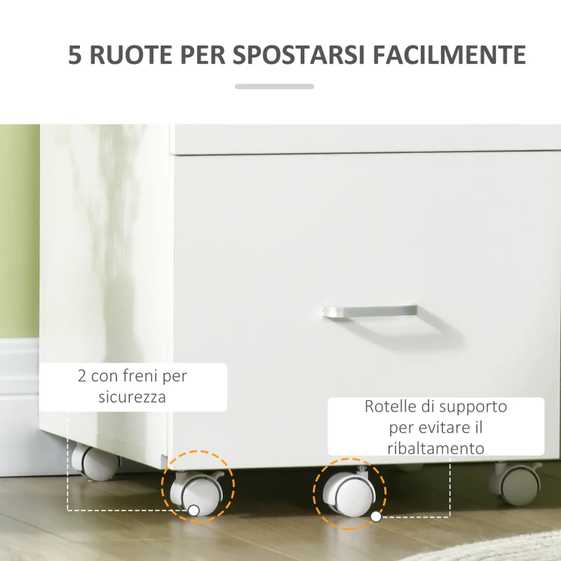 Vinsetto Armadietto da Ufficio con 2 Cassetti e 5 Ruote, Schedario in MDF e Truciolato, 43x45x72 cm, Bianco