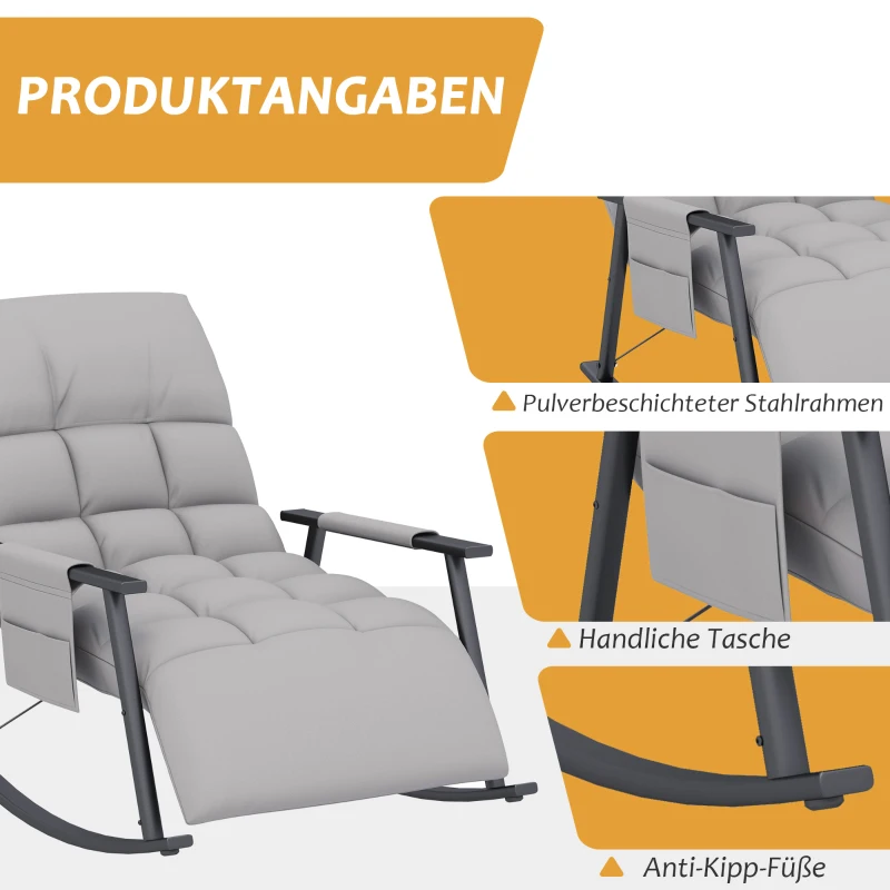 HOMCOM Schaukelstuhl, verstellbare Rückenlehne & Fußstütze, Seitentasche, Mikrofaserbezug, Metallrahmen, Grau(m-6)