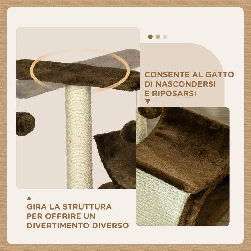 PawHut Tiragraffi Gatto Albero Tira Graffi Gioco Giocattolo per Gatti con Cuccia 2 Palline Appese in Sisal Naturale Altezza 43cm