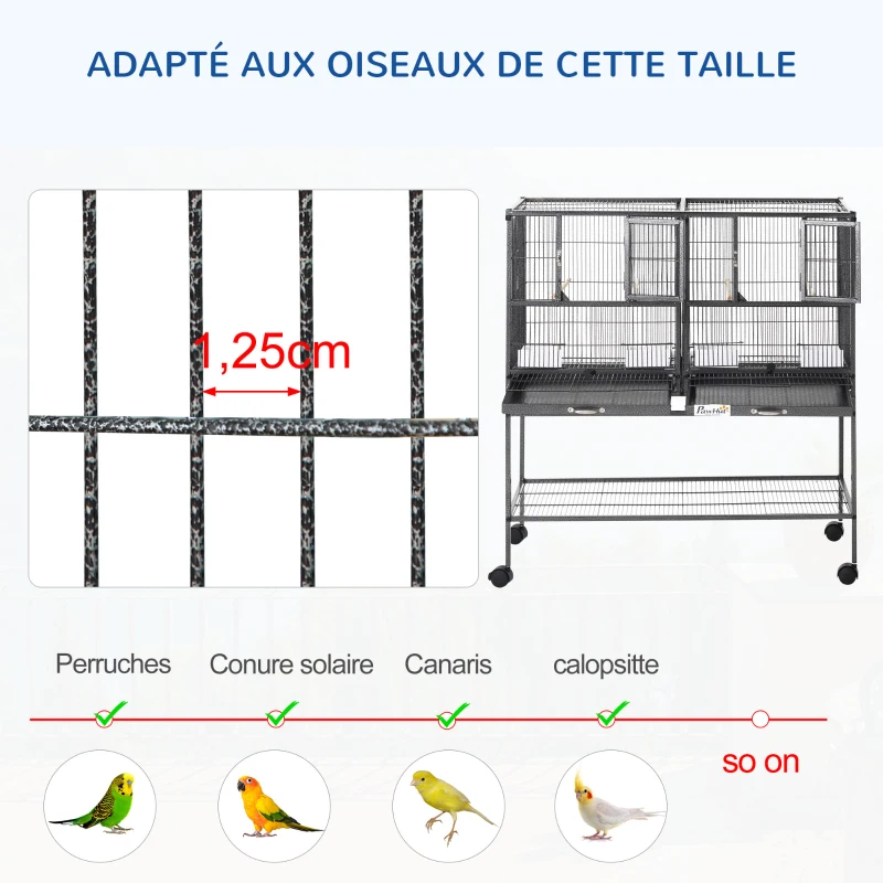 PawHut Cage à oiseaux avec séparation mangeoire et perchoir 95L x 45,5l x 102H cm Noir et Gris