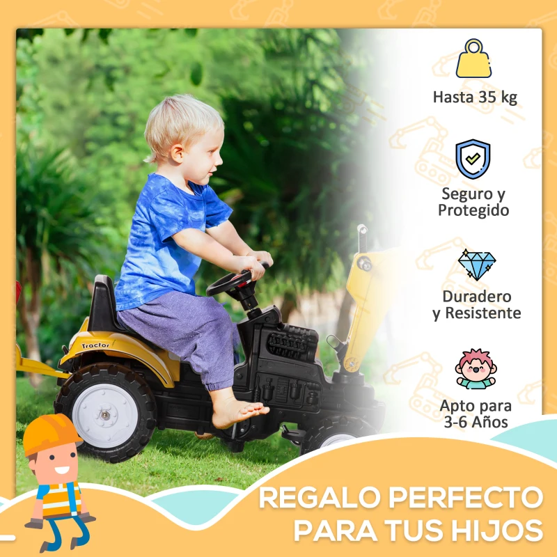 HOMCOM Tractor a Pedales para Niños de 3-6 Años Excavadora con Pala  y Remolque Extraíble 163x42x71 cm Amarillo y Negro