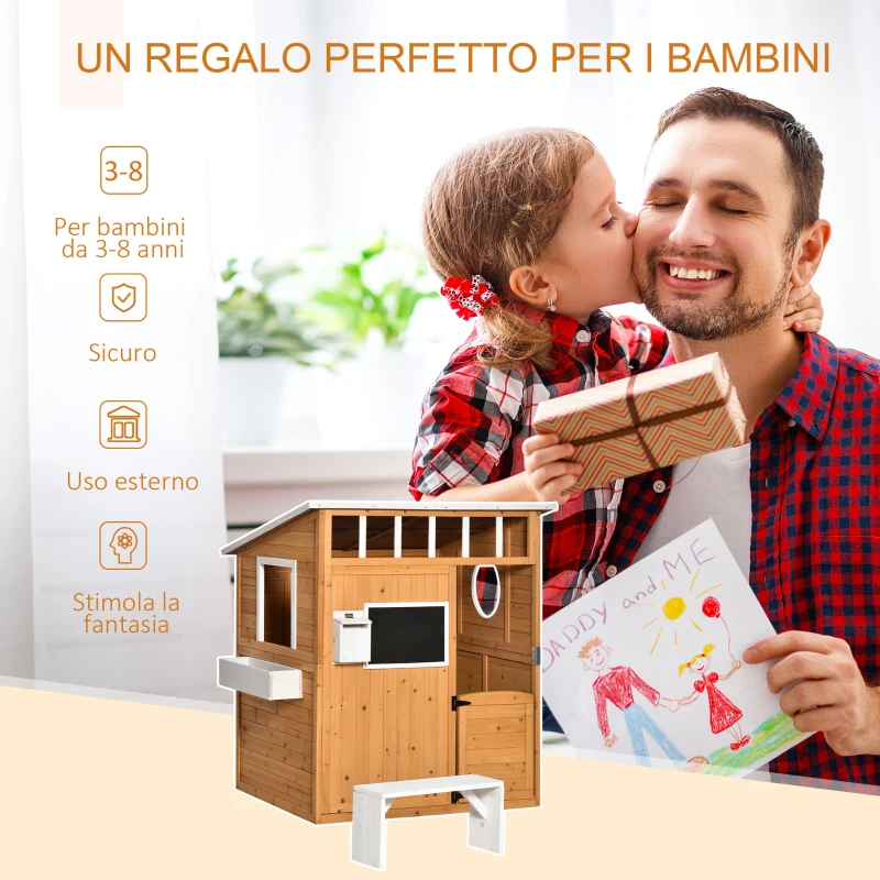 Outsunny Casetta per Bambini in Legno da Esterno con Porta, Finestre, Panca, Portavasi 122x108x135.5cm Gialla