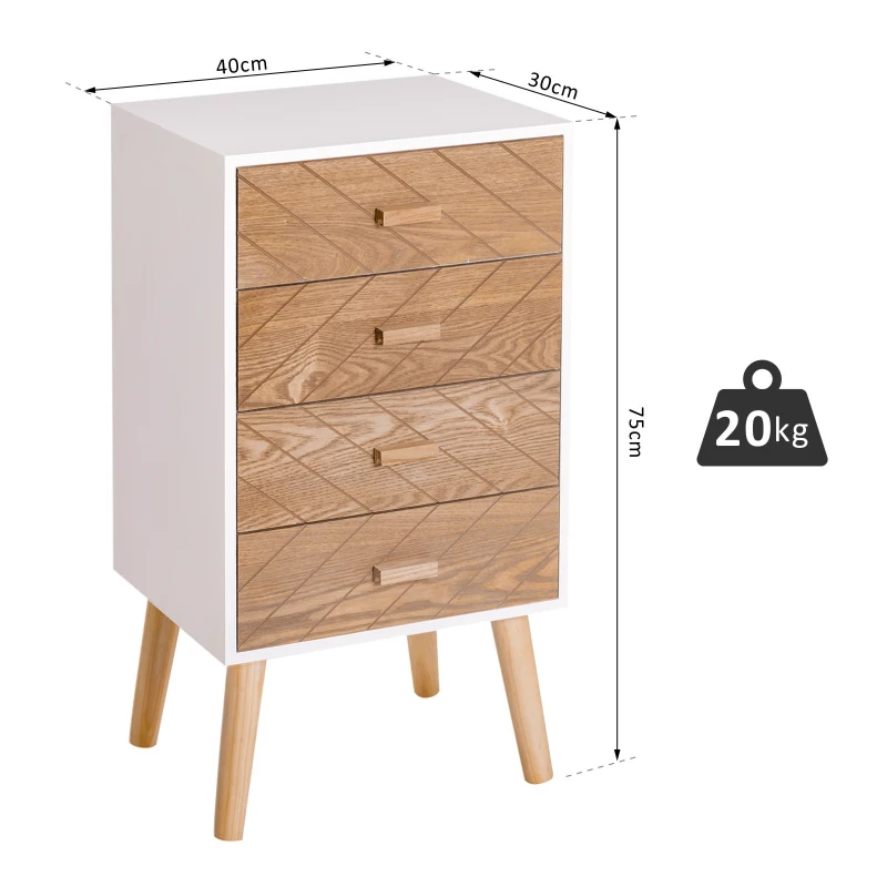 HOMCOM 4 Drawers Bedside Cabinet Wooden Table Storage Chest Organiser Night Stand Scandinavian Nordic Style Home Furniture