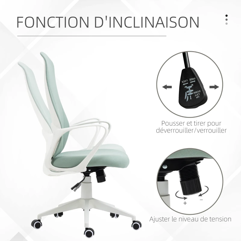 Vinsetto Fauteuil de bureau ergonomique avec accoudoirs et roulettes - fonction inclinaison et hauteur réglable - vert