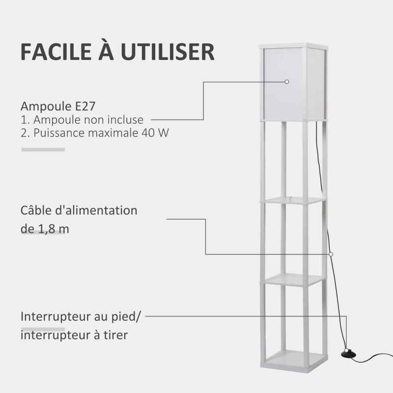 HOMCOM Lampadaire étagère Lampe étagère 26L x 26l x 160H cm 3 étagères 4 Niveaux MDF Blanc