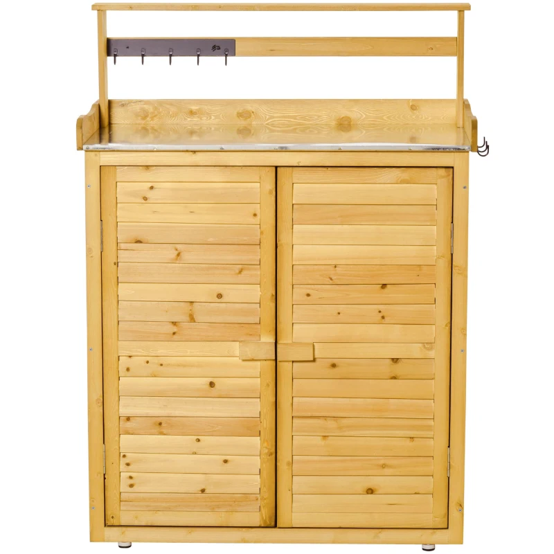 Outsunny Gartenschrank Pflanztisch mit Unterschrank Geräteschrank mit Arbeitsfläche 3 Fächern Gartentisch mit Unterschrank 2 Türen Massivholz Gelb 87 x 45 x 120 cm