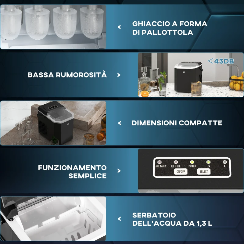 HOMCOM Macchina del Ghiaccio Autopulente da 9 Cubetti in 6-13 Minuti, in PP e Rame, 22.2x29.4x29 cm, Nera