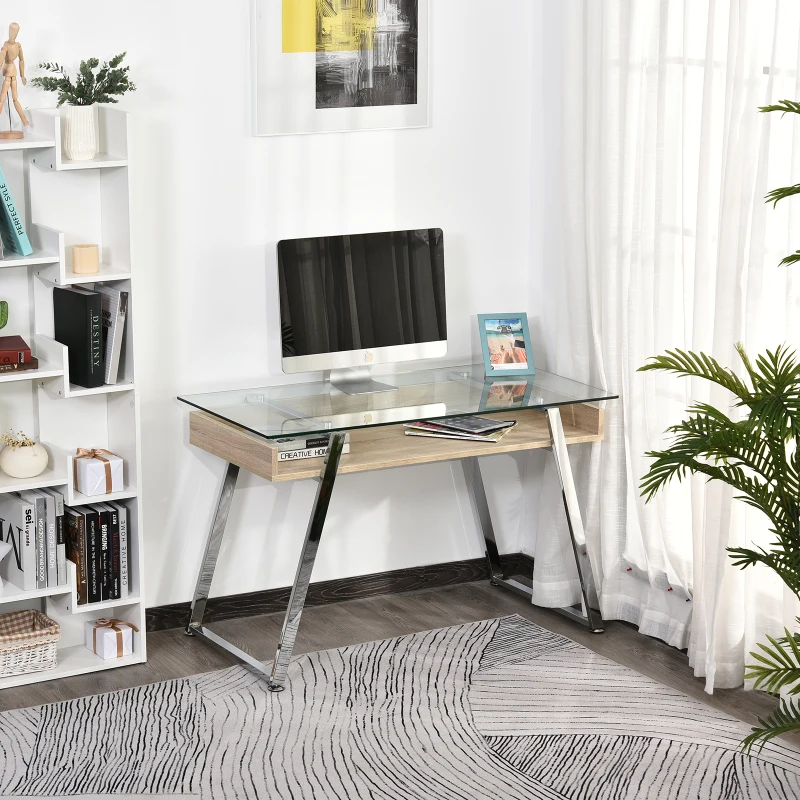 HOMCOM Bureau d'Ordinateur Table Informatique avec Plateau Verre Trempé Étagère de Rangement Support en Métal 120 x 60 x 74,5 cm