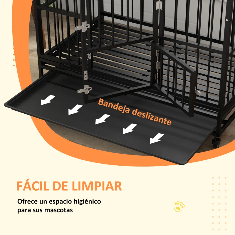PawHut Jaula para Perros 123x74x125 cm con Ruedas Bandeja Extraíble Cerraduras 2 Puertas Frontal y 1 Puerta en Techo Negro