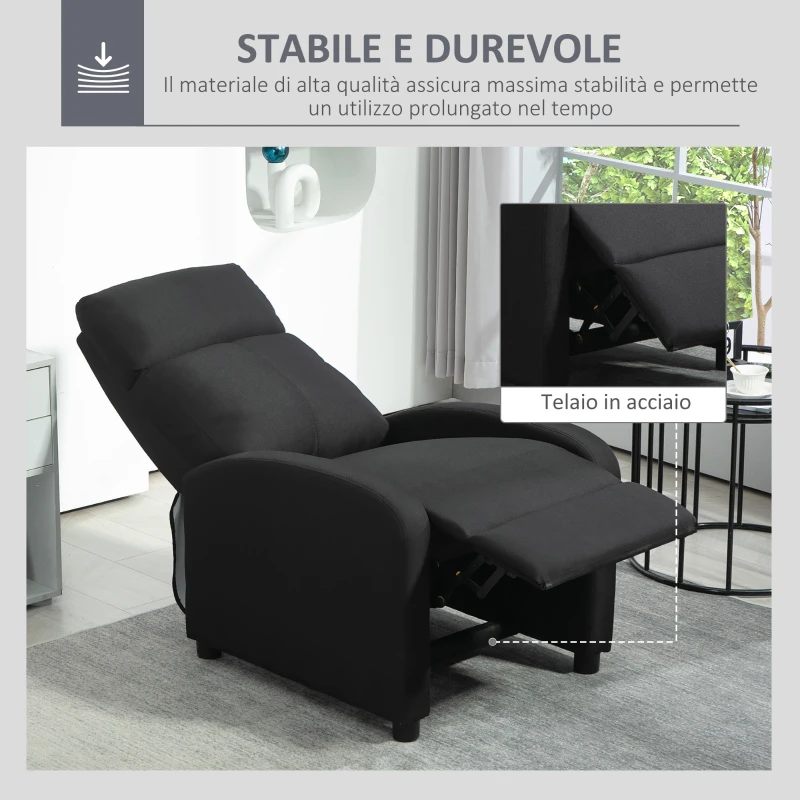 HOMCOM Poltrona Relax Imbottita con Schienale Reclinabile 135° e Poggiapiedi Estraibile, in Lino Nero, 69x87x100.5cm
