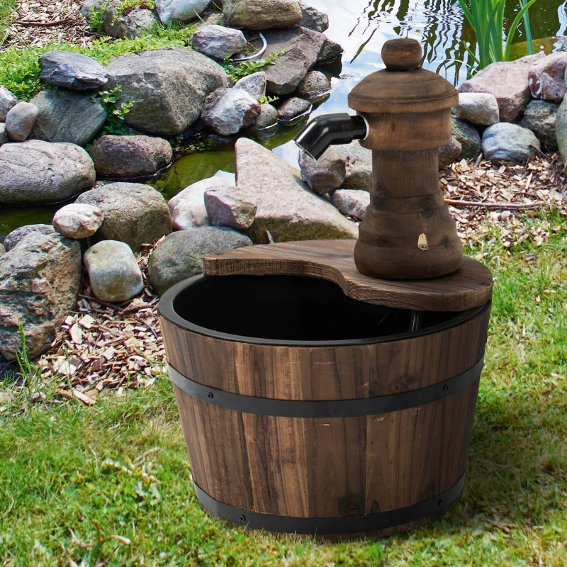 Outsunny Fontaine de Jardin tonneau Pompe à Eau Submersible Incluse Ø 27 x 37H cm Bois de pin Marron