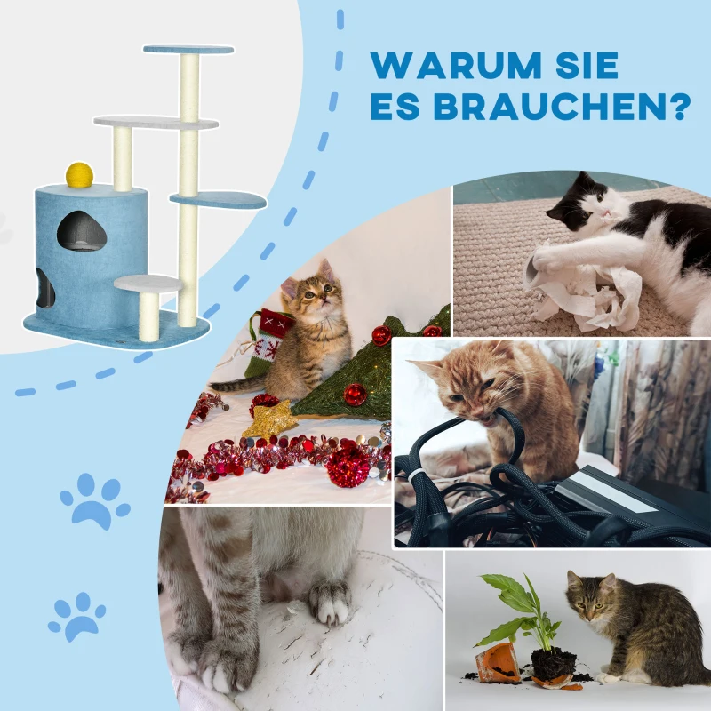 PawHut Kratzbaum mit Kratztonne inkl. Kratzball für Katzen, 87 cm x 60 cm x 122 cm, Blau + Grau + Gelb