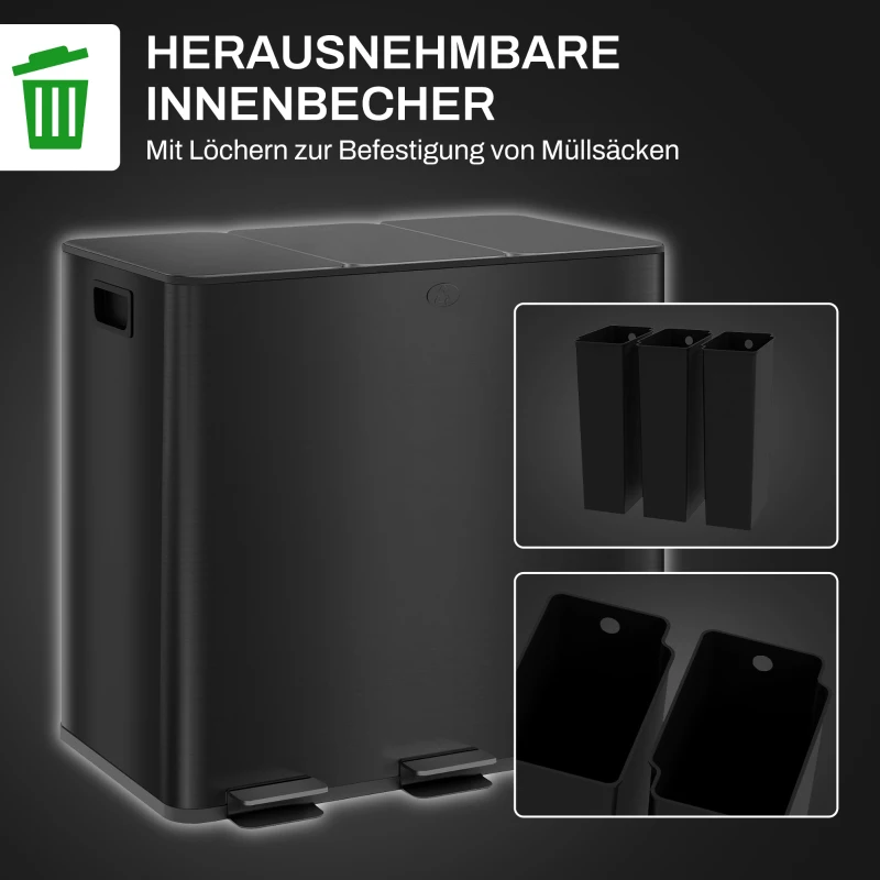 HOMCOM Mülleimer mit 3 x 15L Fächern, Deodorant-Deckel, fingerabdrucksicher, Soft-Close, herausnehmbar, Schwarz(m-7)