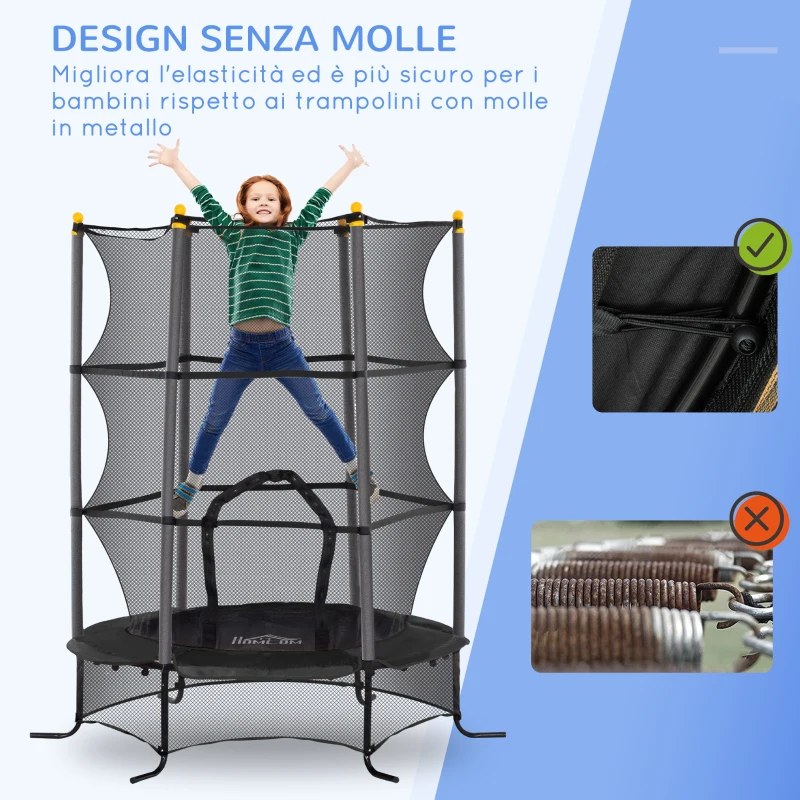 HOMCOM Trampolino Elastico per Bambini Ø1.6x1.9 m con Rete di Sicurezza e Pali Imbottiti, Età 3-10 Anni, Nero