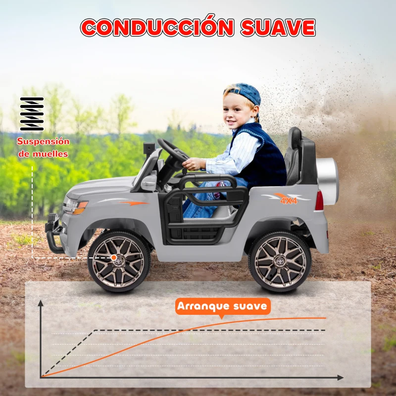 AIYAPLAY Coche Eléctrico para Niños de +3 Años Toyota LAND CRUISER con Batería 12V Mando a Distancia y Música MP3 Gris