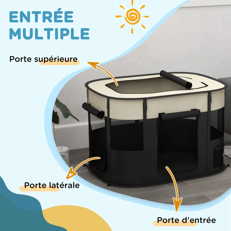 PawHut Parc enclos pliable pour chien chat petits animaux en tissu Oxford avec rangement 94 x 74 x 60 cm blanc crème et noir
