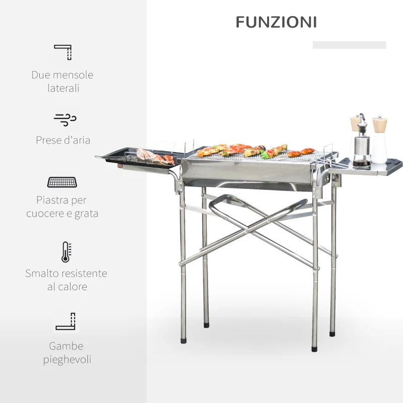 Outsunny Barbecue a Carbonella Grill BBQ da Giardino Balcone con Piano d'Appoggio Esterno Acciaio Inox 104 × 30 × 68cm