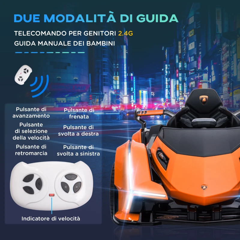 HOMCOM Macchina Elettrica per Bambini Lamborghini con Telecomando, Fari LED e Musica, Età 3+ Anni, Arancione