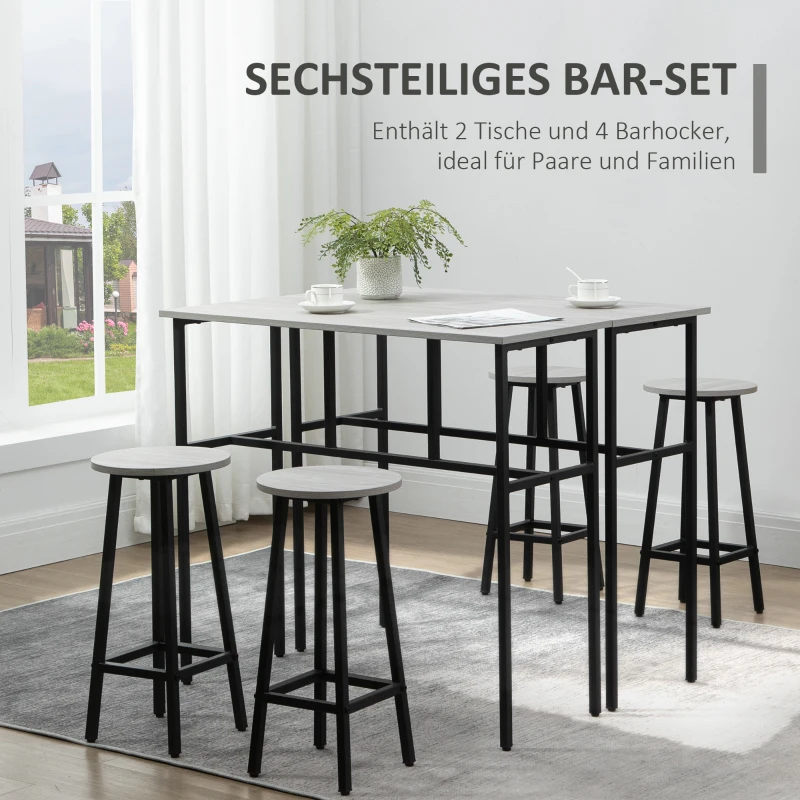 HOMCOM Bartisch-Set im Industriedesign, 6-teilig, 2 Tische und 4 Barhocker, Grau + Schwarz