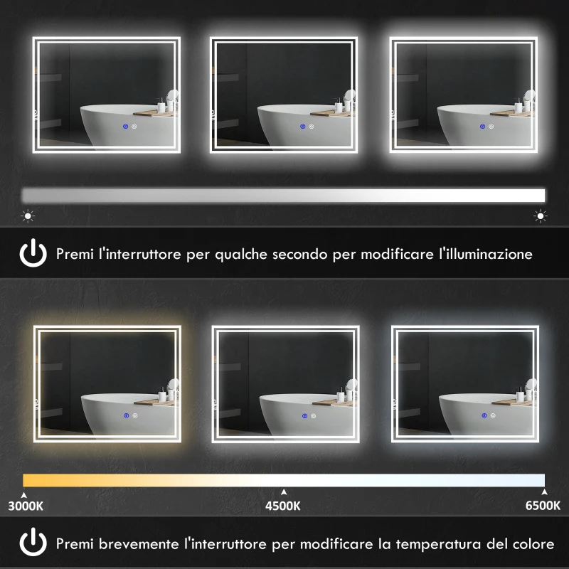 kleankin Specchio Bagno con Luce LED 3 Livelli Rettangolare, Antiappannamento e Interruttore Touch, 90x70cm