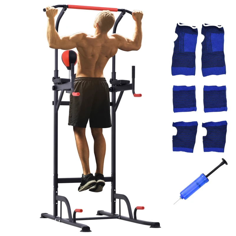 HOMCOM Station de traction musculation multifonctions punching ball chaise romaine hauteur réglable acier noir rouge