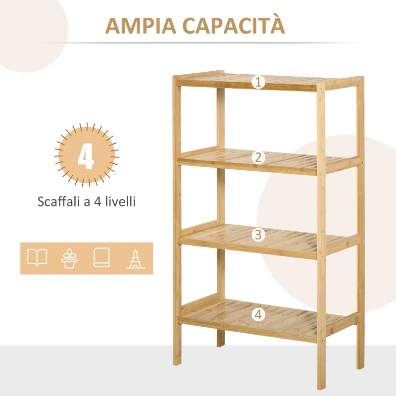 HOMCOM Mobile Multiuso a 4 Livelli Salvaspazio in Bambù per Bagno, Salotto e Cucina, 62x33x112cm, Colore Naturale