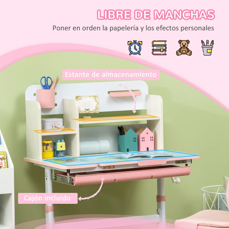 HOMCOM Pupitre Infantil Altura Ajustable con 1 Cajón 1 Estante y Tablero de Mesa Inclinable 80x52x88-109 cm Rosa y Blanco