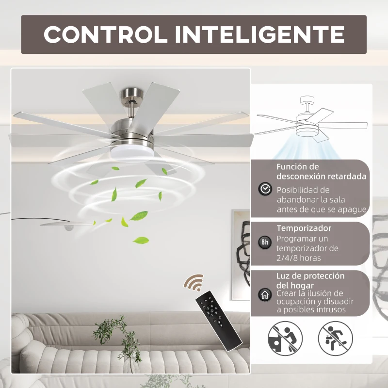 HOMCOM Ventilador de Techo con Luz LED 46W Ventilador de Techo Silencioso Ø132 cm con 5 Aspas Reversibles Control Remoto Haya