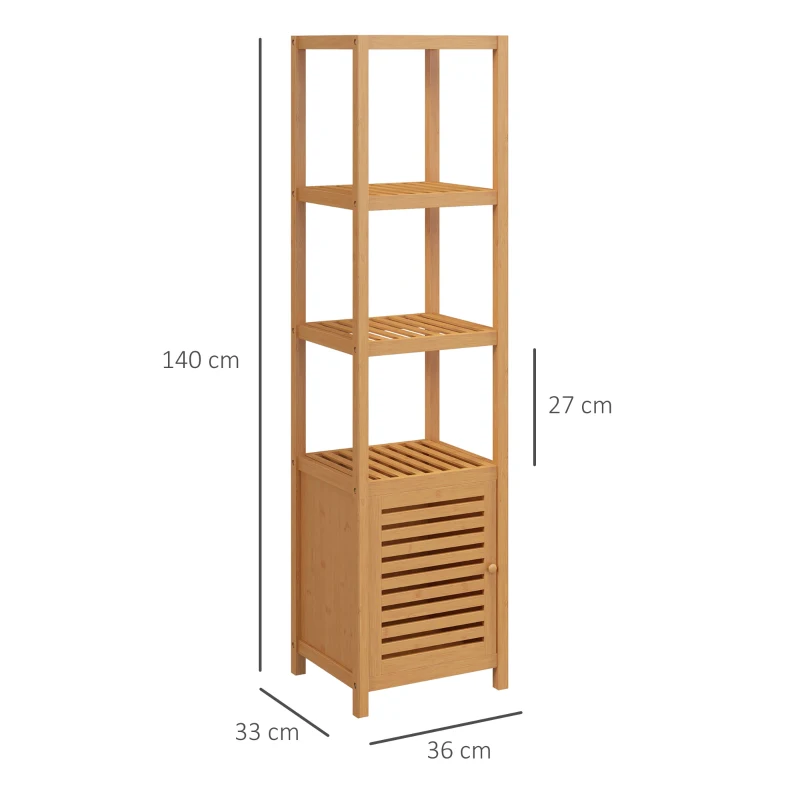 HOMCOM Lot de 2 meubles colonne rangement salle de bain bambou design naturel 36L x 33l x 140H cm 4 étagères 8 niveaux + placard